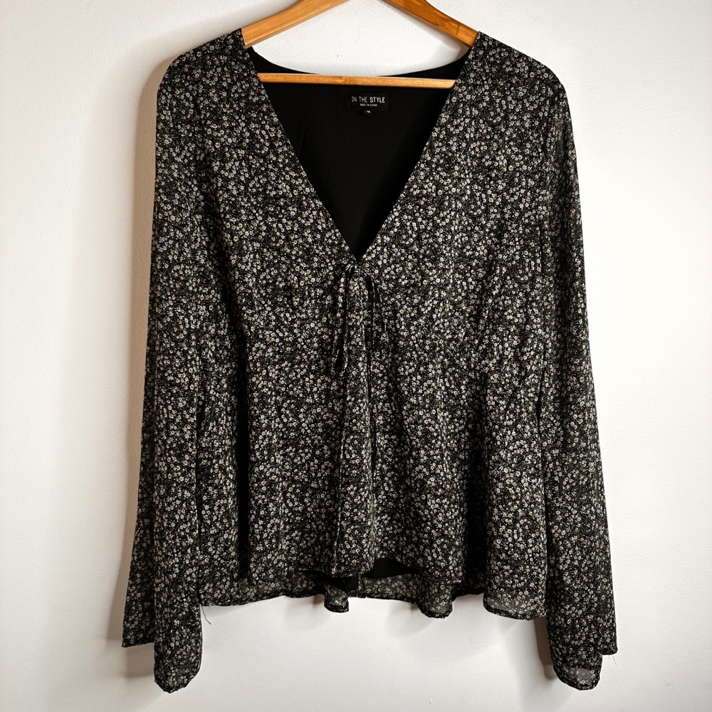 Y2K Babydoll Blouse Top Sz 18 Black Floral Whimsigoth Boho Practical Magic 90s